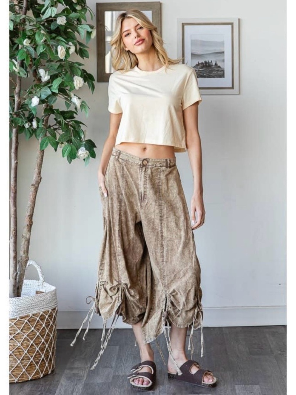 Mineral Washed XL Lightweight Jogger Pants Crop Beachy Boho Wide Leg Baggy